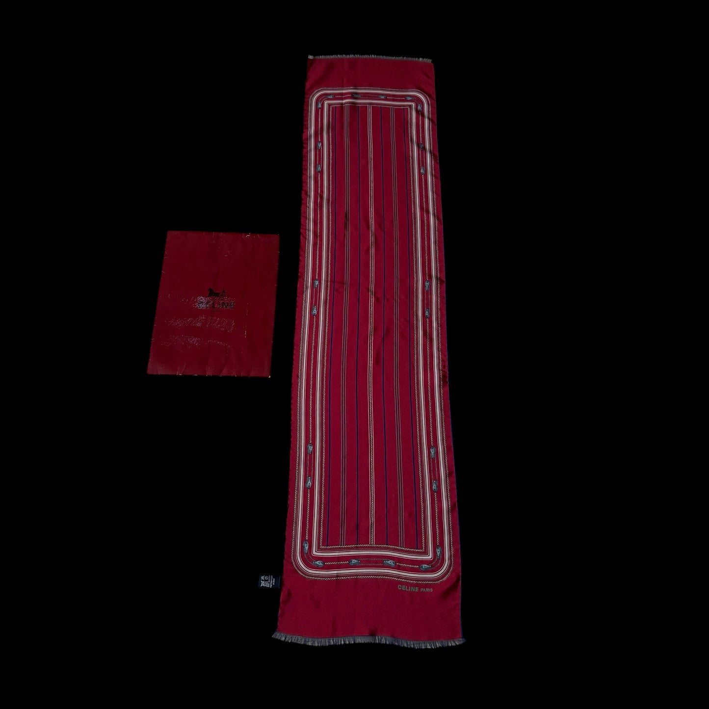CELINE Vintage Burgundy Equestrian Long Crepe Silk Scarf (29.5 cm by 119 cm)