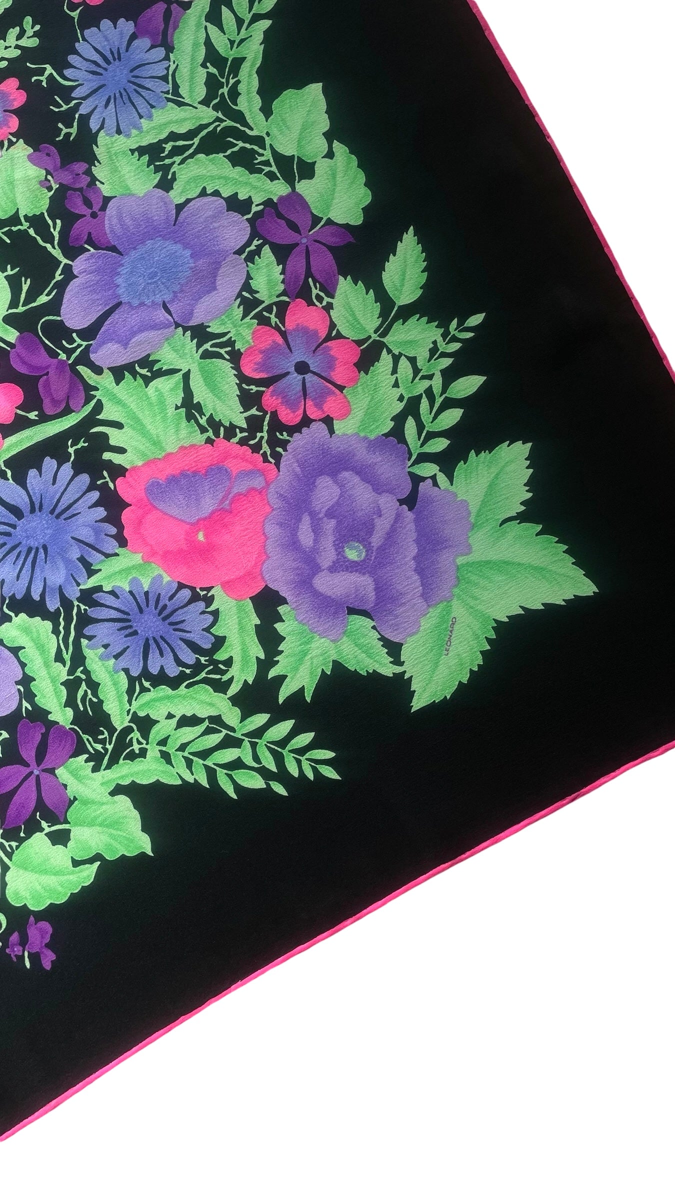 LEONARD Vintage Black Floral Crepe Silk Scarf (86 cm by 86 cm) Hand rolled edges.