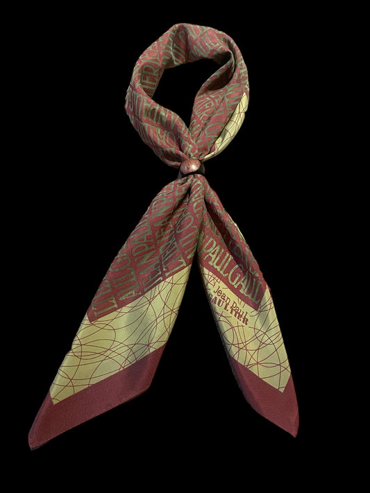 JEAN PAUL GAUTHIER vintage pistachio-color metallic logo scarf (87 cm by 88 cm).