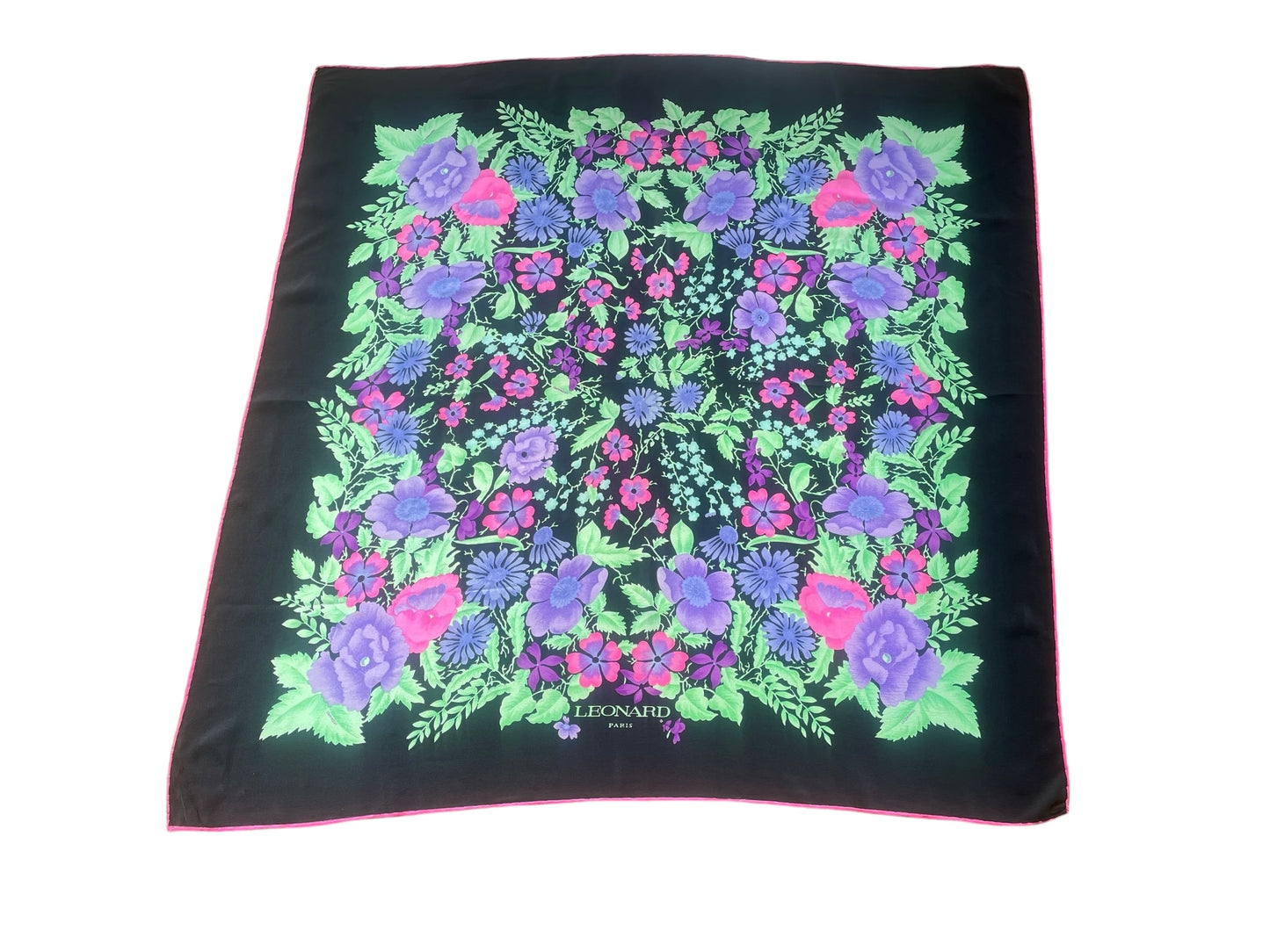 LEONARD Vintage Black Floral Crepe Silk Scarf (86 cm by 86 cm) Hand rolled edges.