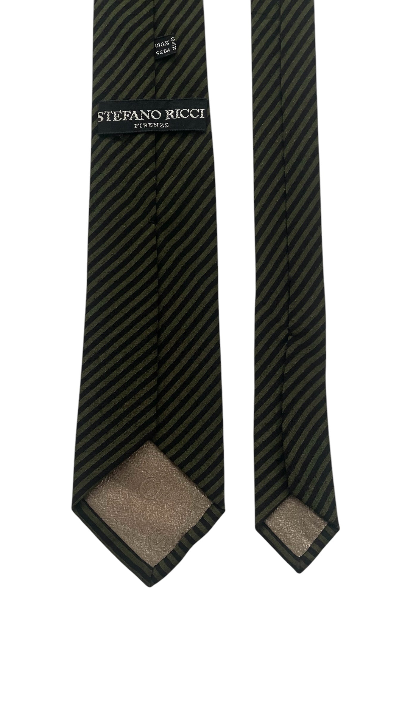 Stefano Ricci Vintage Dark Green Striped Crepe Silk Jacquard Tie (6.8 cm by 148 cm) Skinny front size.