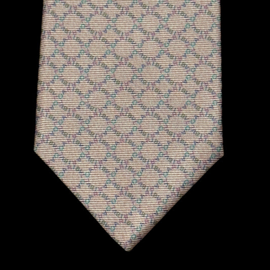 Vintage 7-Fold Light Pink Geometric-Logos Silk Tie By BVLGARI (8.5 cm by 150 cm)