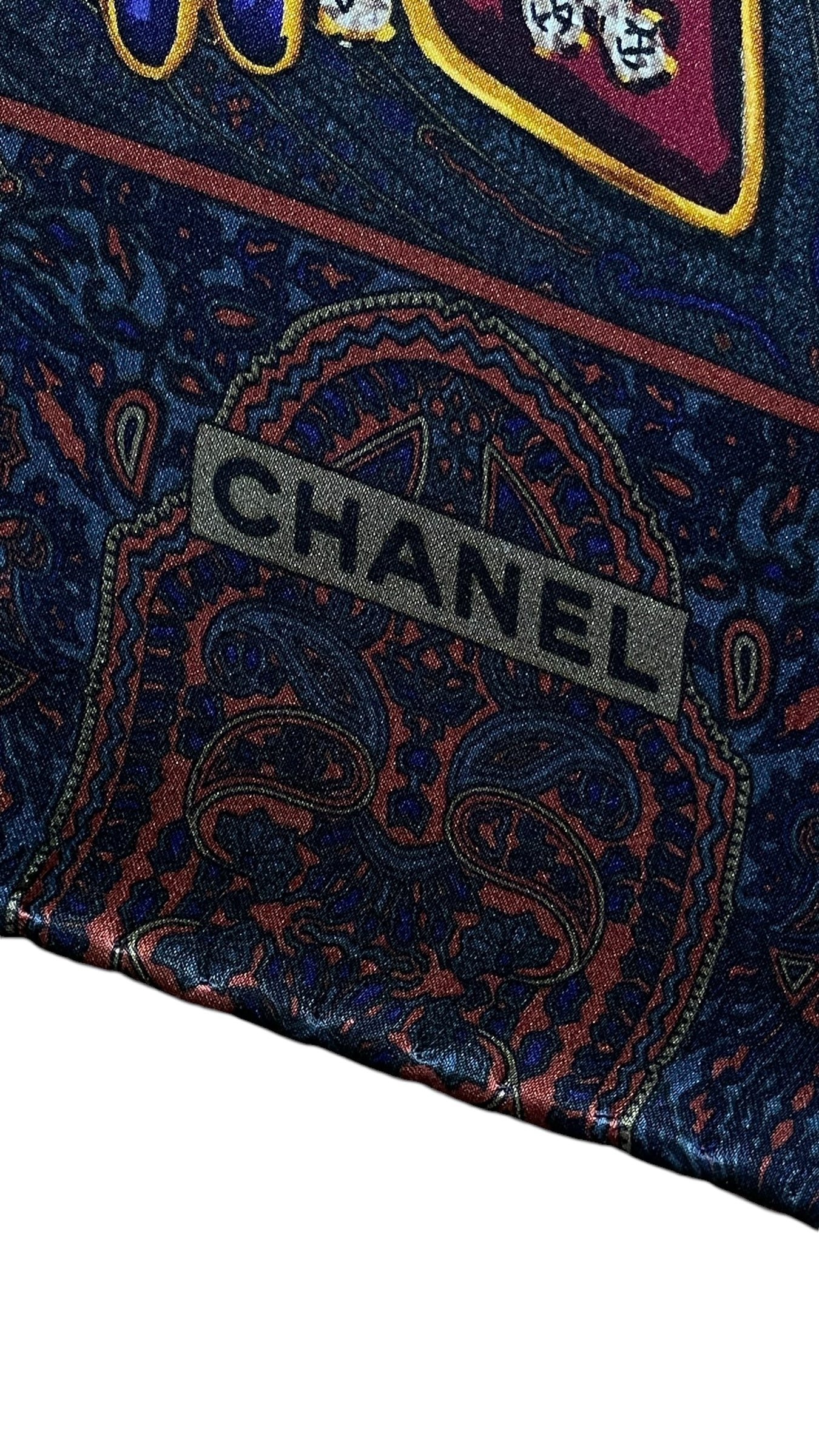 CHANEL Vintage Dark Grey Jewel/Paisley Crepe Silk Scarf (87 cm by 87 cm) Hand rolled Hem.