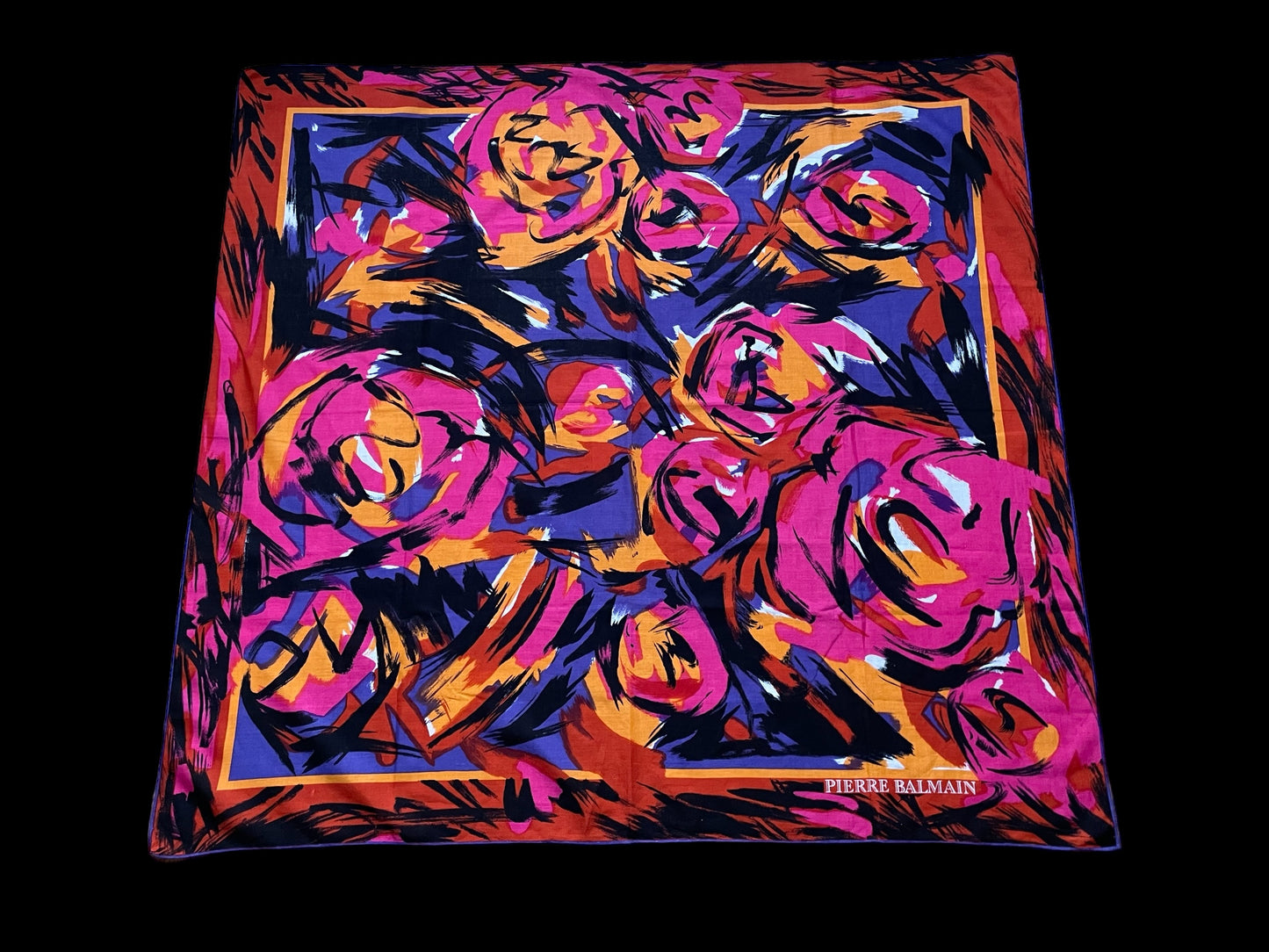 PIERRE BALMAIN Vintage Magenta Arty Floral Cotton Scarf (85 cm by 82 cm) Hand rolled Hem.