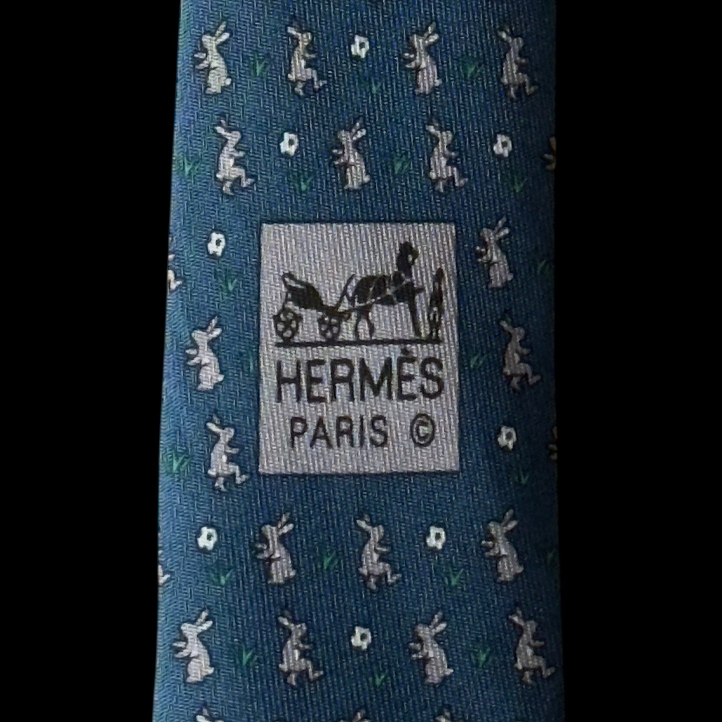 Vintage Teal Rabbits Silk Tie by HERMES (7.8 cm by 159.5 cm)