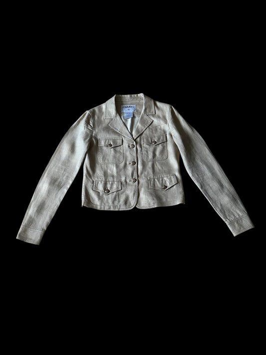 CHANEL Vintage Safari-Style Jacket. Size 38 (Small) Linen/Silk Blended