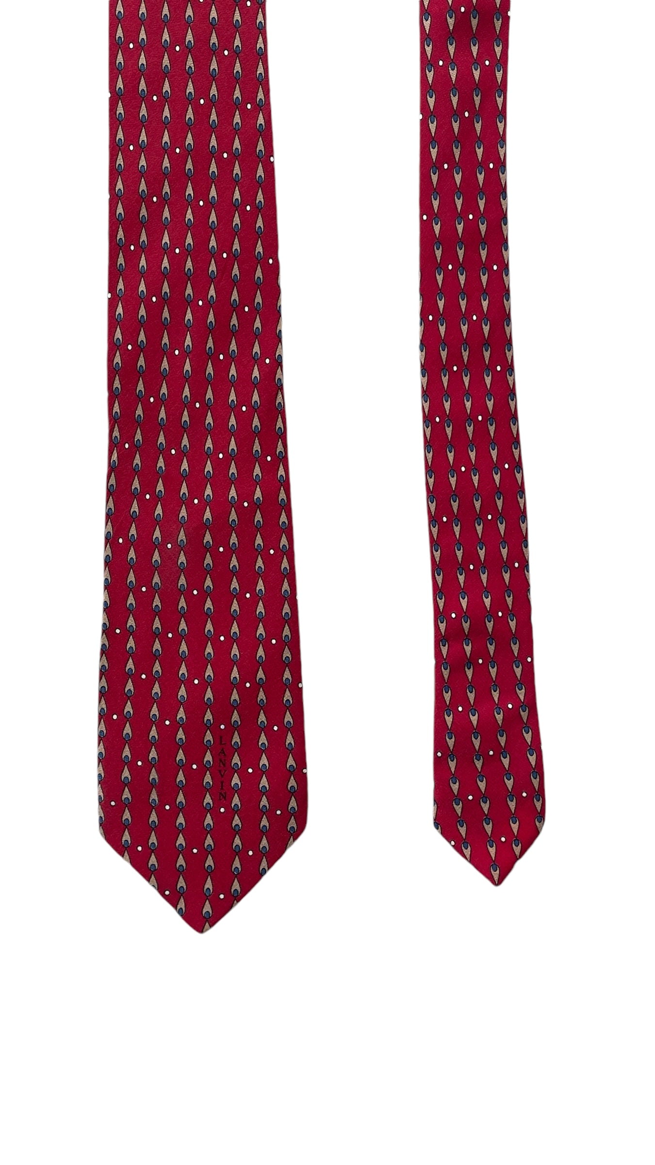 LANVIN Vintage Red Geometric Abstract Crepe Silk Tie ( 7 cm by 150.5 cm) Smaller Front Size, Longer Length