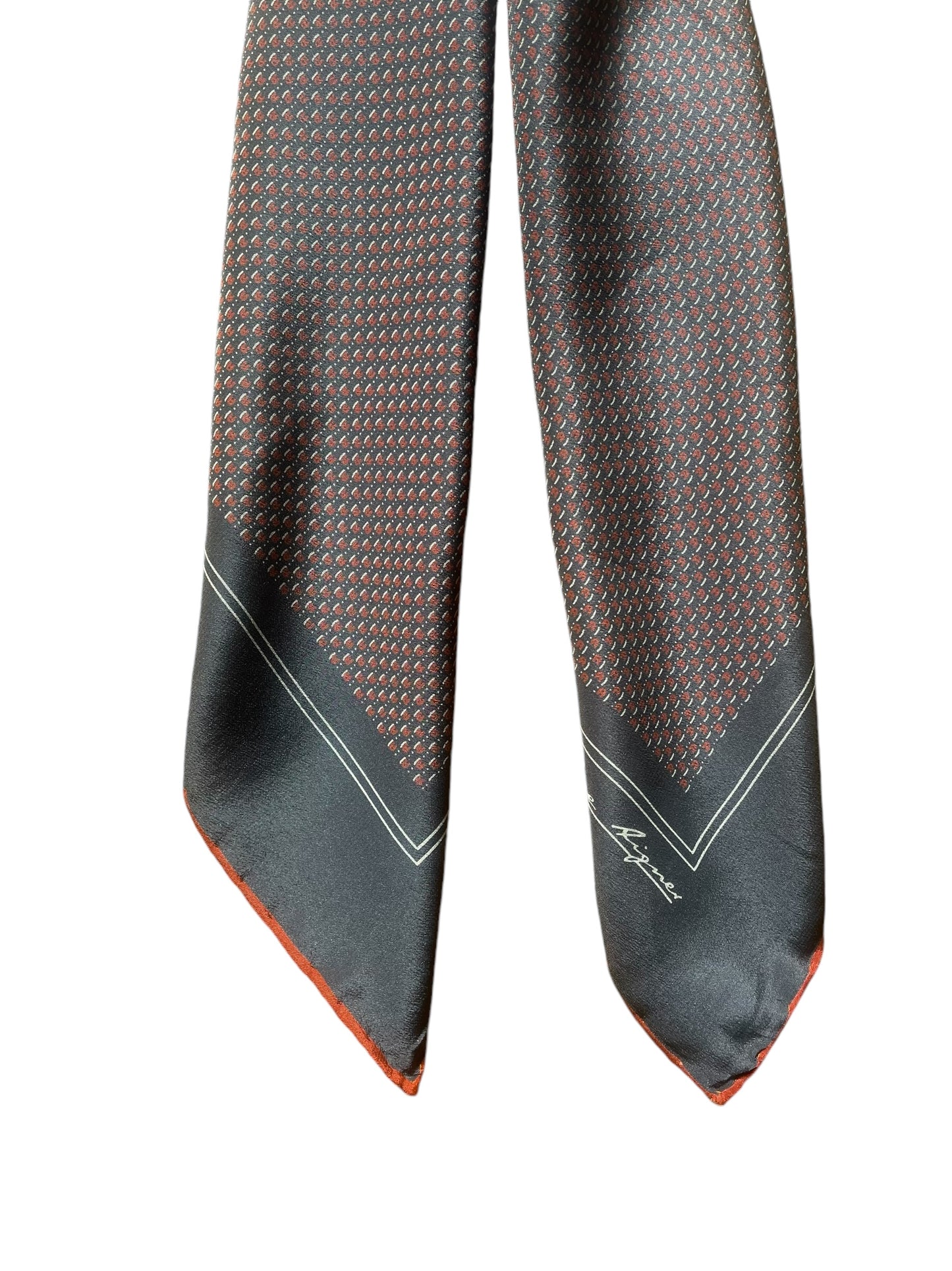 ETIENNE AIGNER Vintage Dark Grey Geometric/Logos Crepe Silk Scarf (87 cm by 87 cm) Hand rolled edges.