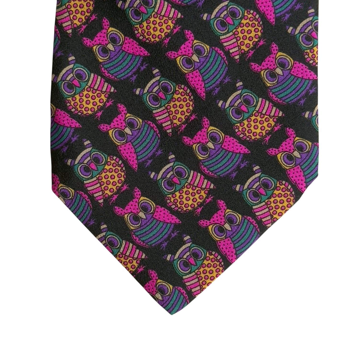 Vintage Black Owls Crepe Silk Tie by MAX (Jacoby & Huben) 9.4 cm by 143.5 cm.