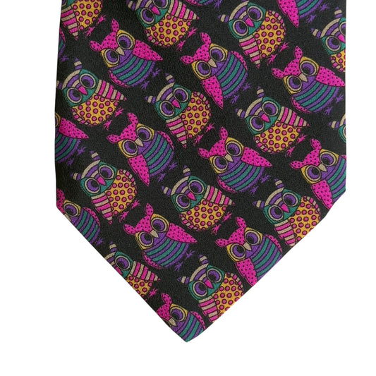 Vintage Black Owls Crepe Silk Tie by MAX (Jacoby & Huben) 9.4 cm by 143.5 cm.