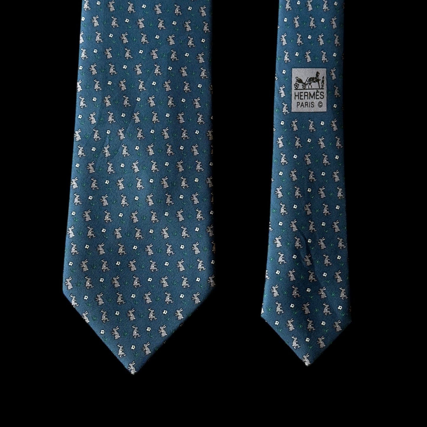 Vintage Teal Rabbits Silk Tie by HERMES (7.8 cm by 159.5 cm)