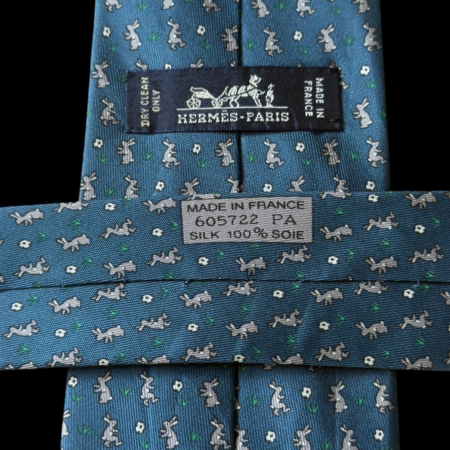 Vintage Teal Rabbits Silk Tie by HERMES (7.8 cm by 159.5 cm)