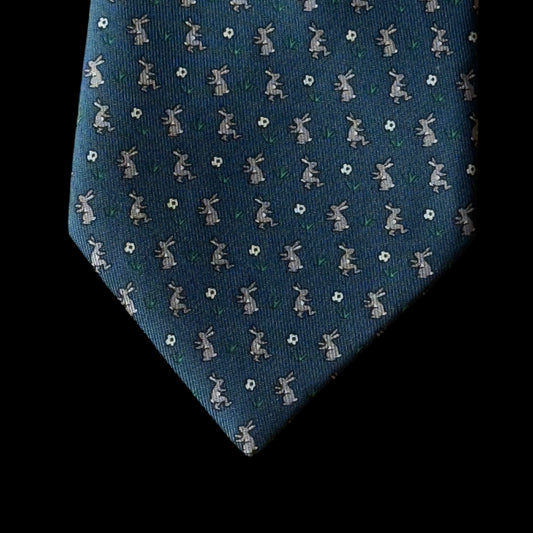 Vintage Teal Rabbits Silk Tie by HERMES (7.8 cm by 159.5 cm)