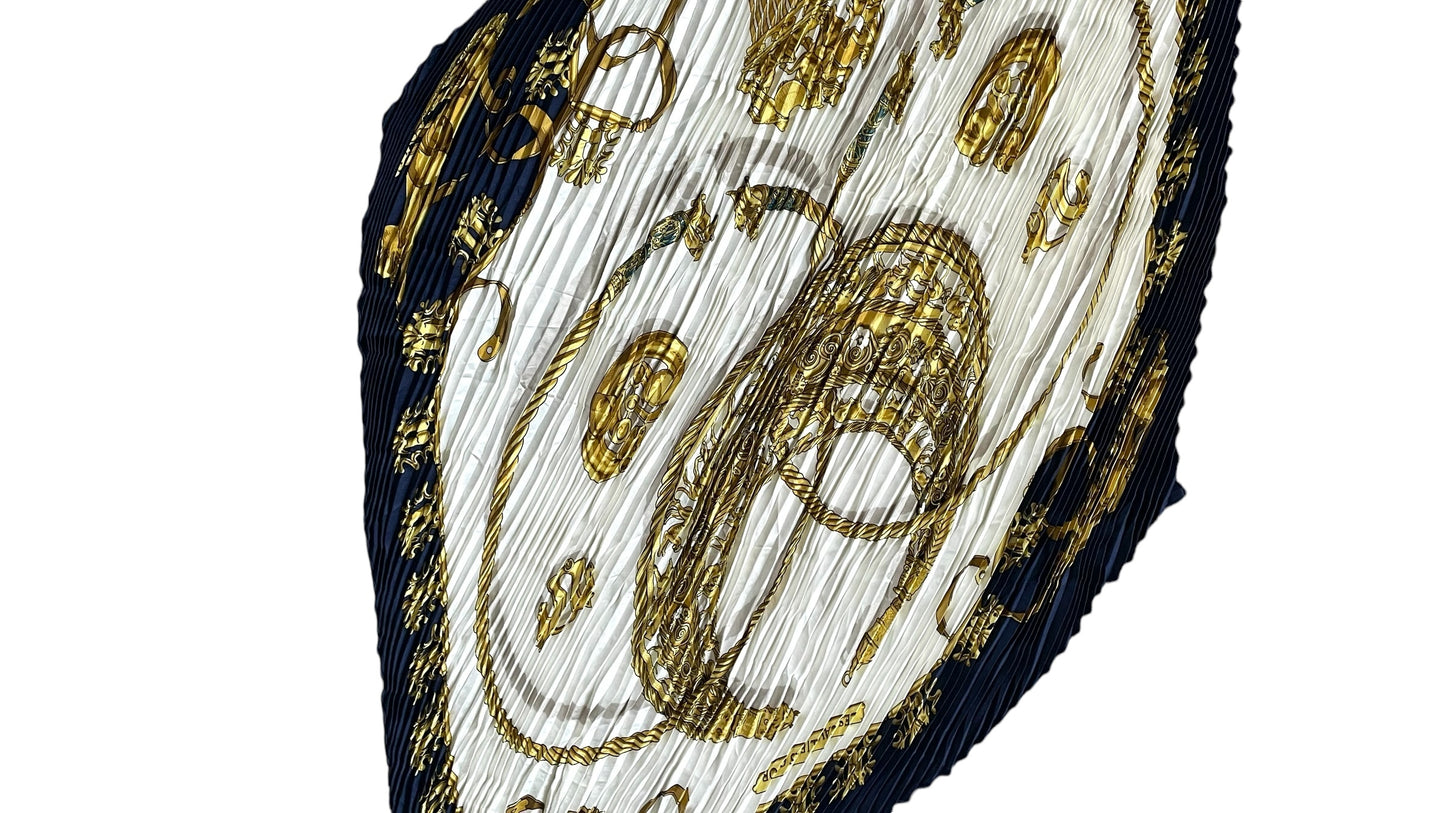 “Les Cavaliers D’or” HERMES Vintage Pleated Silk Scarf designed by Vladimir Rybaltchenko.