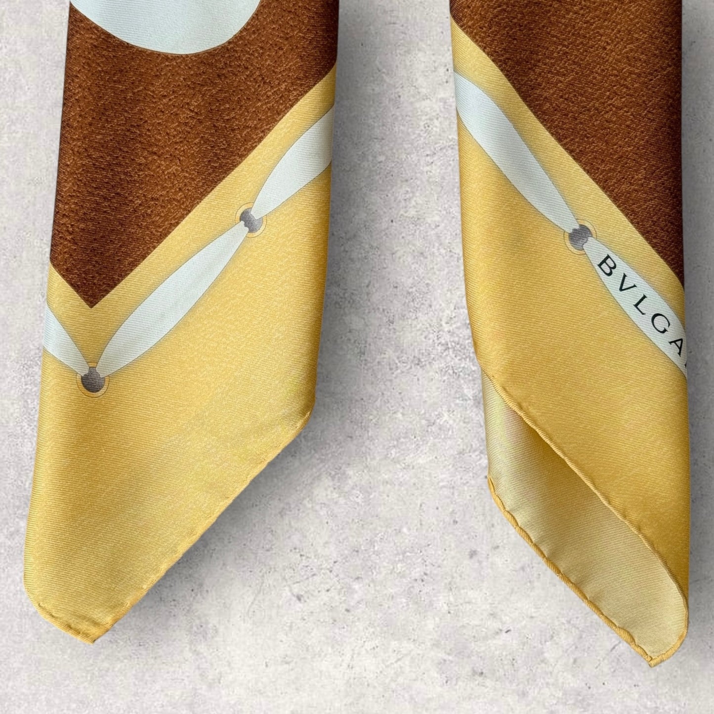 BVLGARI Vintage Brown Novelty Silk Scarf. Hand rolled hem (85 cm by 83 cm) designed by Davide Pizzigoni