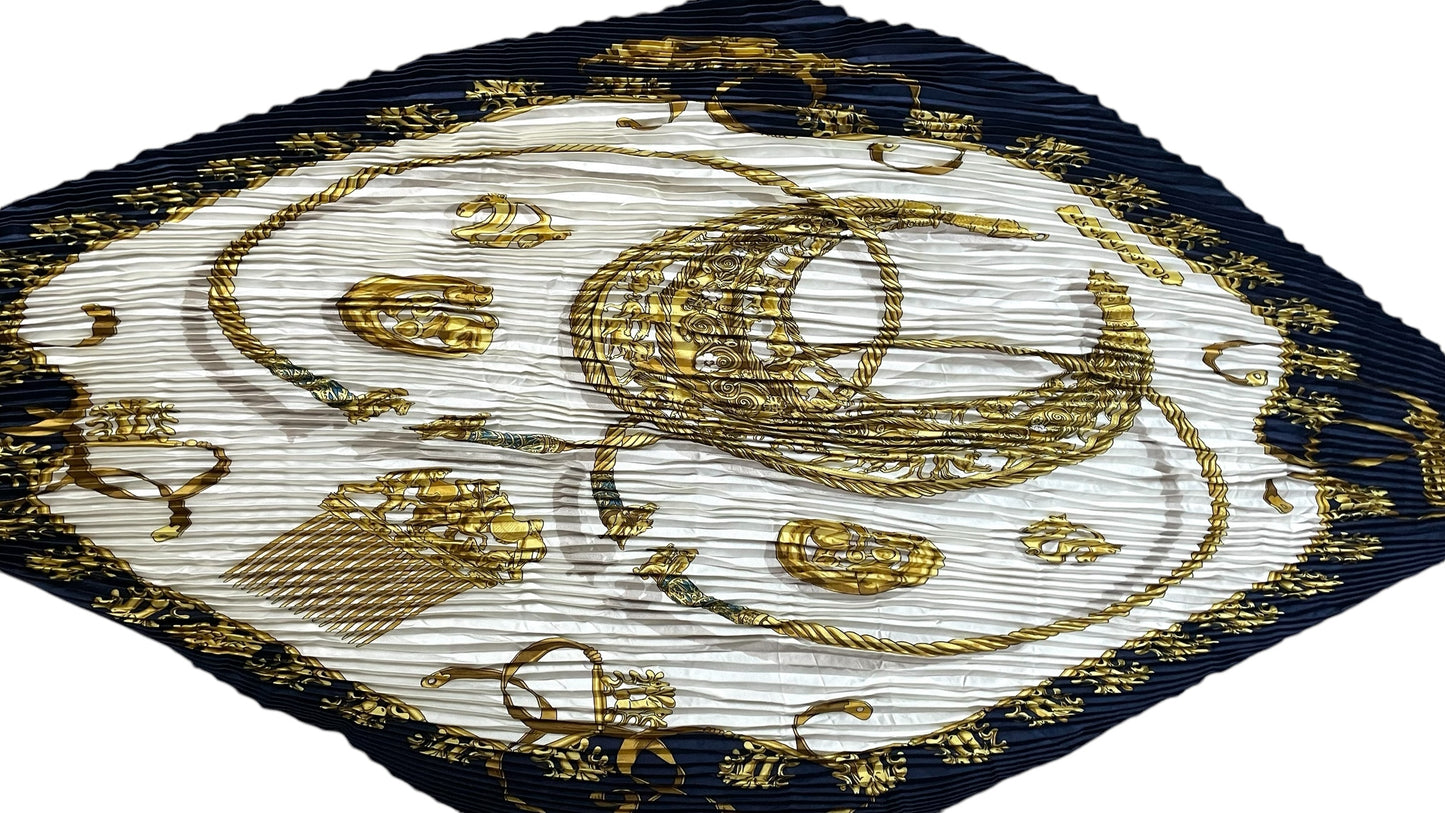 “Les Cavaliers D’or” HERMES Vintage Pleated Silk Scarf designed by Vladimir Rybaltchenko.