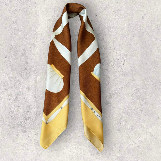 BVLGARI Vintage Brown Novelty Silk Scarf. Hand rolled hem (85 cm by 83 cm) designed by Davide Pizzigoni