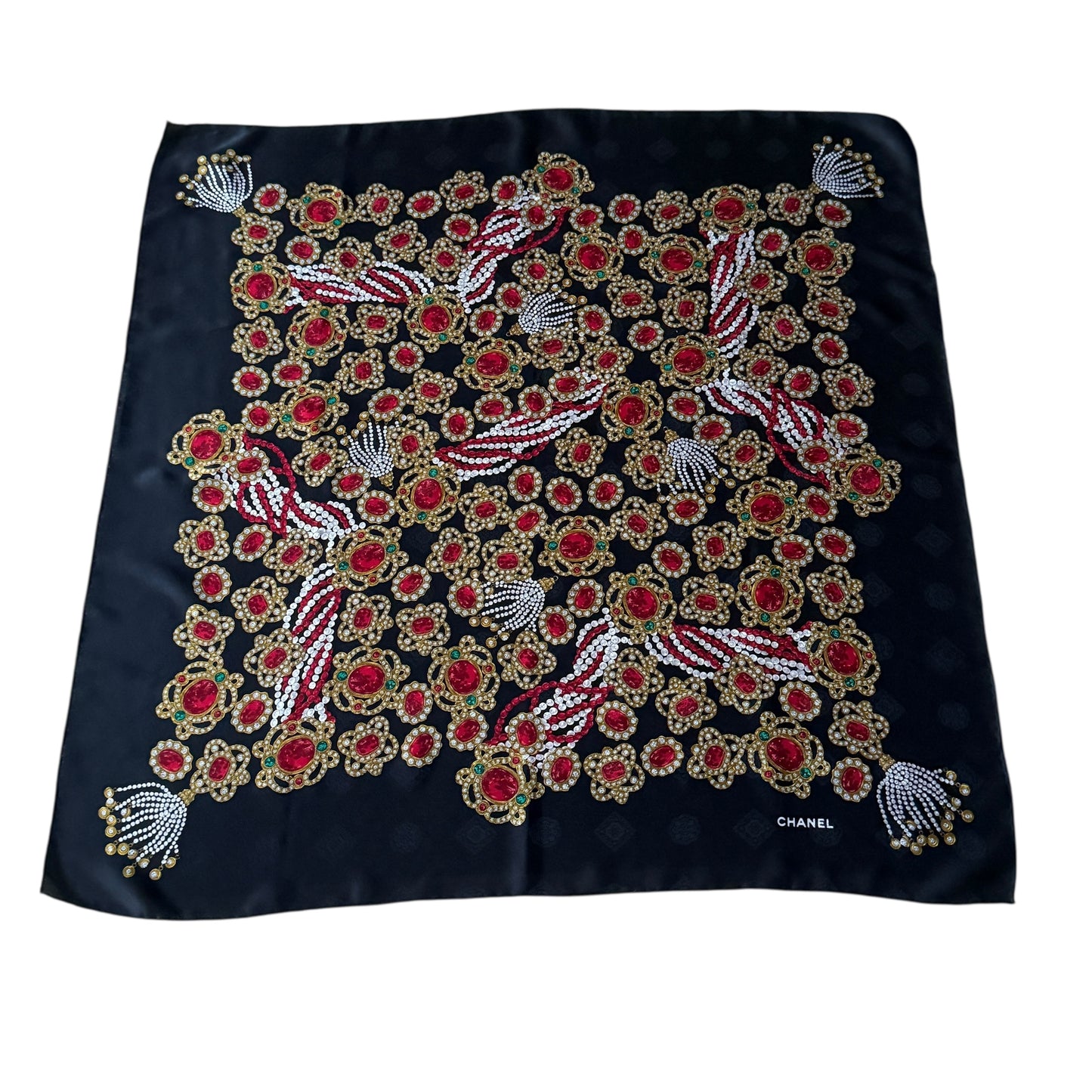 CHANEL Vintage Black Jewel Crepe Silk Jacquard Scarf (87 cm by 87 cm)