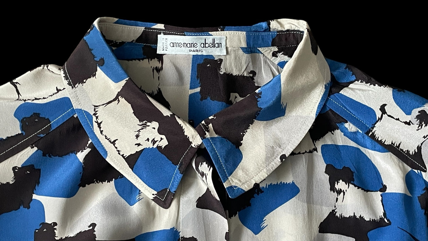 ANNE-MARIE ABELLAN Vintage Grey Abstract Dogs  Short Sleeve Silk Top. (Women’s Size 12/14)