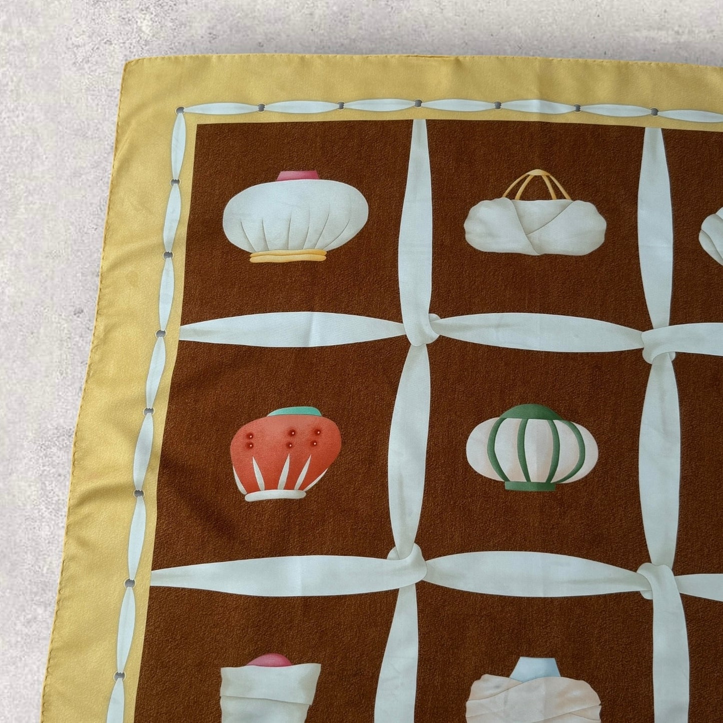 BVLGARI Vintage Brown Novelty Silk Scarf. Hand rolled hem (85 cm by 83 cm) designed by Davide Pizzigoni