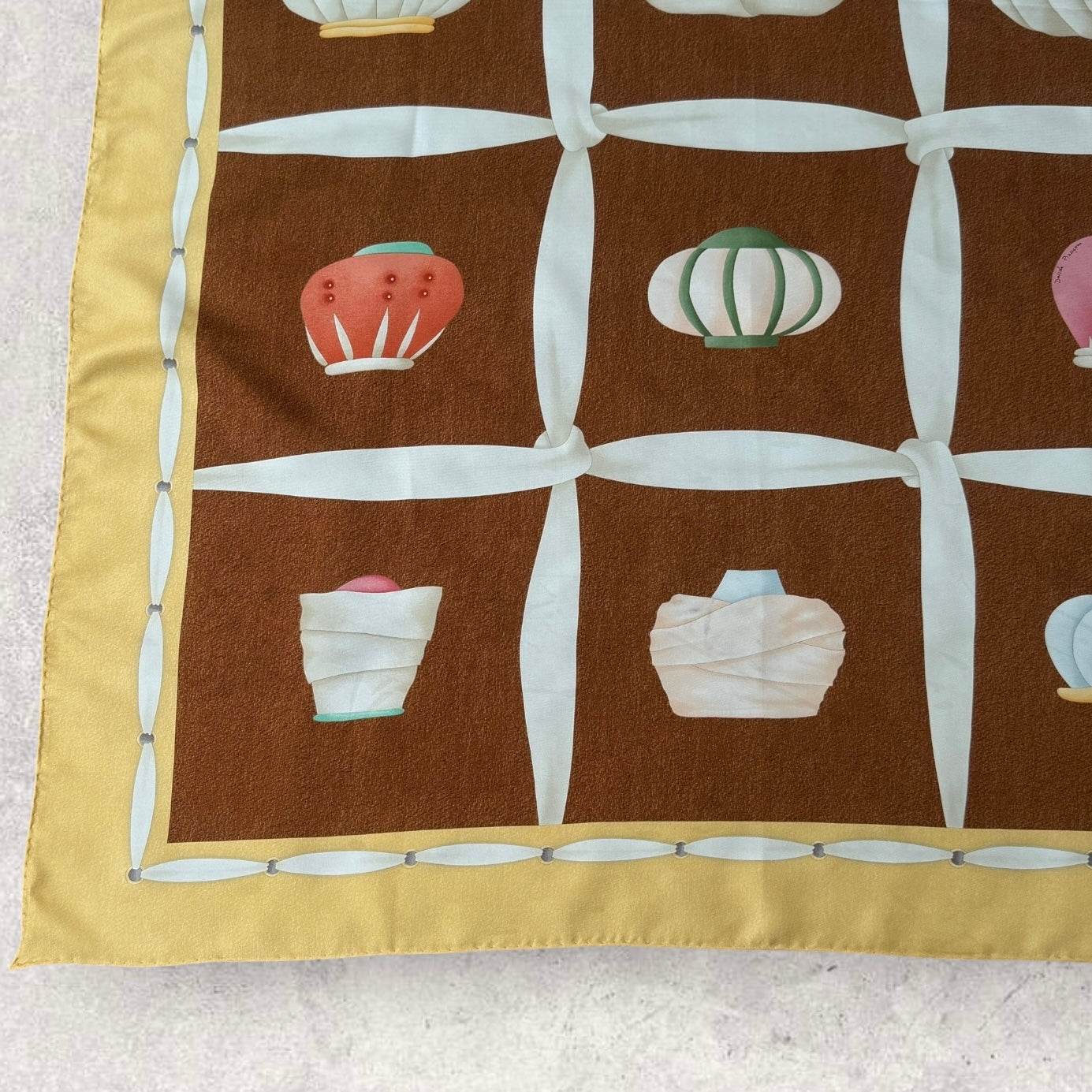 BVLGARI Vintage Brown Novelty Silk Scarf. Hand rolled hem (85 cm by 83 cm) designed by Davide Pizzigoni
