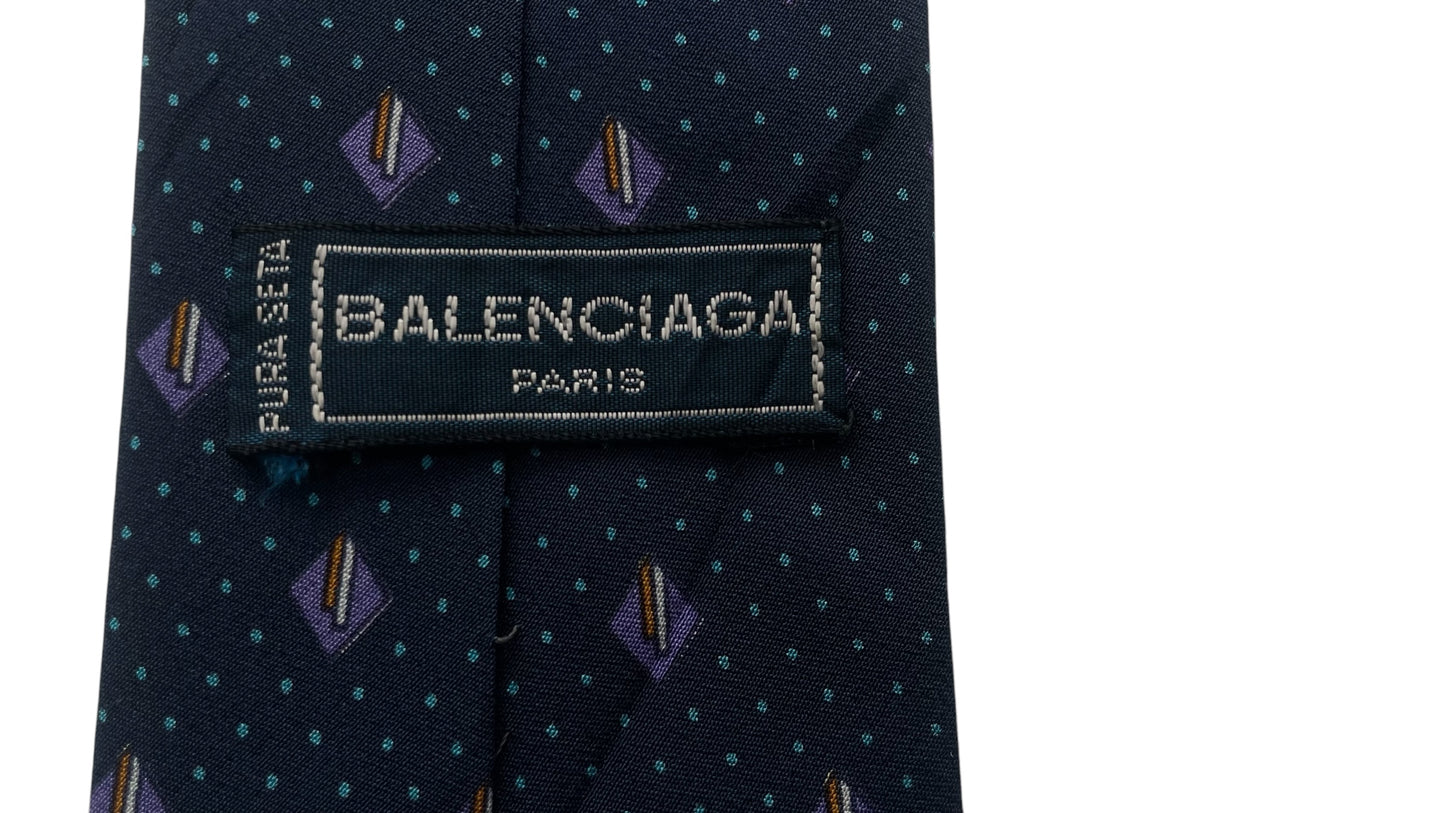 Navy Blue Geometric/Dots Vintage Crepe Silk Tie by BALENCIAGA (7.6 cm by 143 cm) Medium front size.