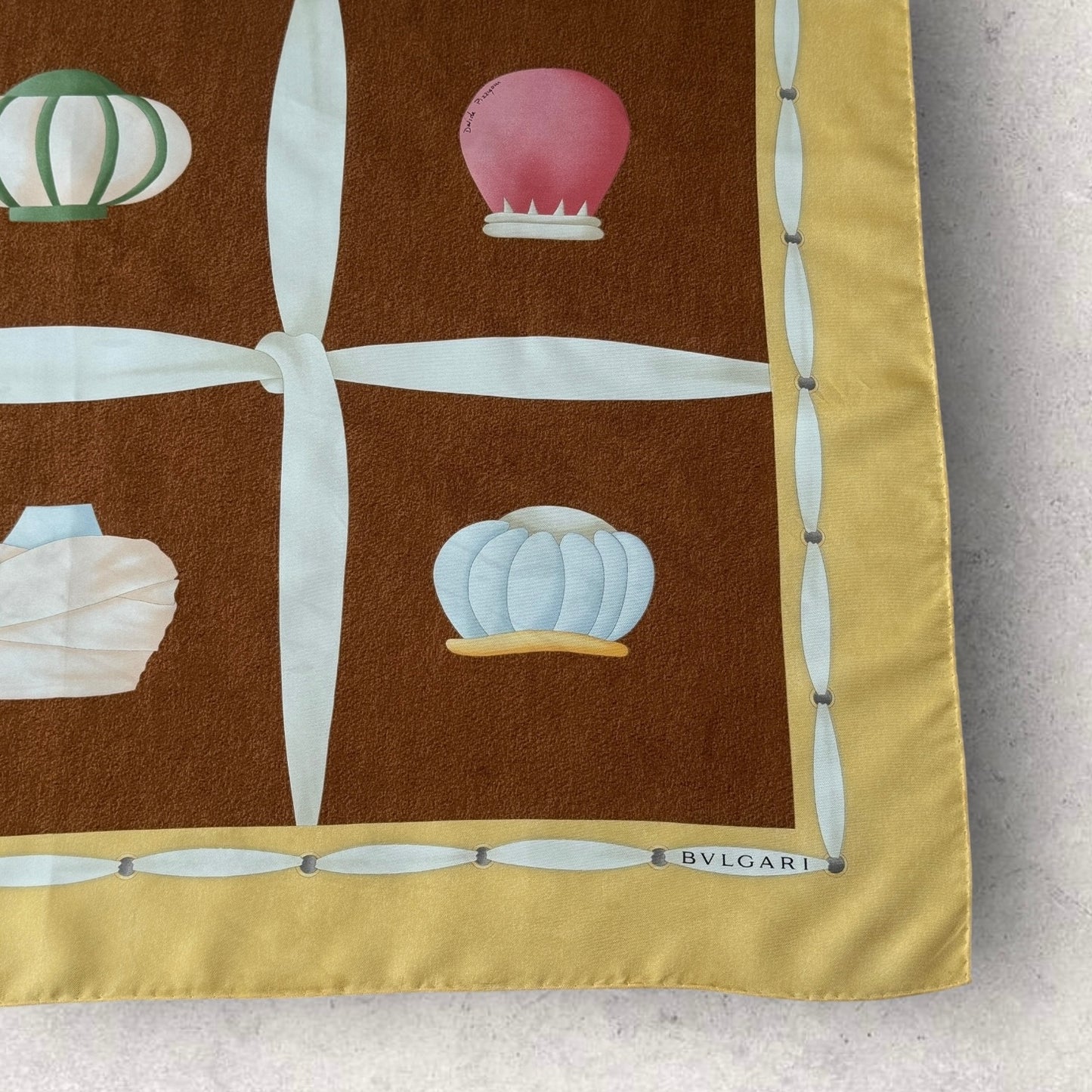 BVLGARI Vintage Brown Novelty Silk Scarf. Hand rolled hem (85 cm by 83 cm) designed by Davide Pizzigoni