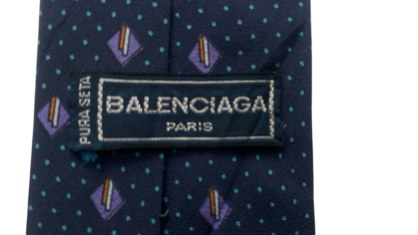 Navy Blue Geometric/Dots Vintage Crepe Silk Tie by BALENCIAGA (7.6 cm by 143 cm) Medium front size.