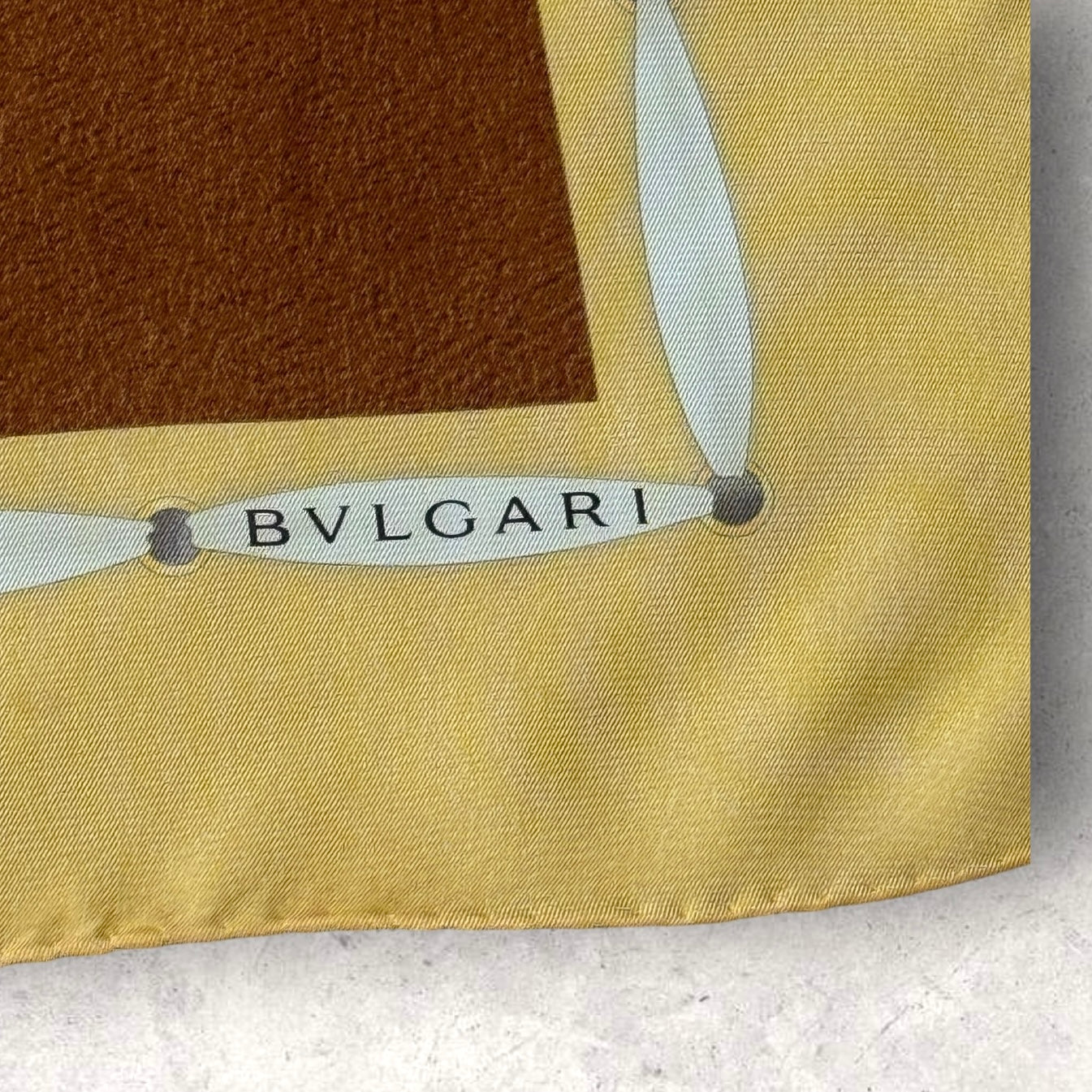 BVLGARI Vintage Brown Novelty Silk Scarf. Hand rolled hem (85 cm by 83 cm) designed by Davide Pizzigoni