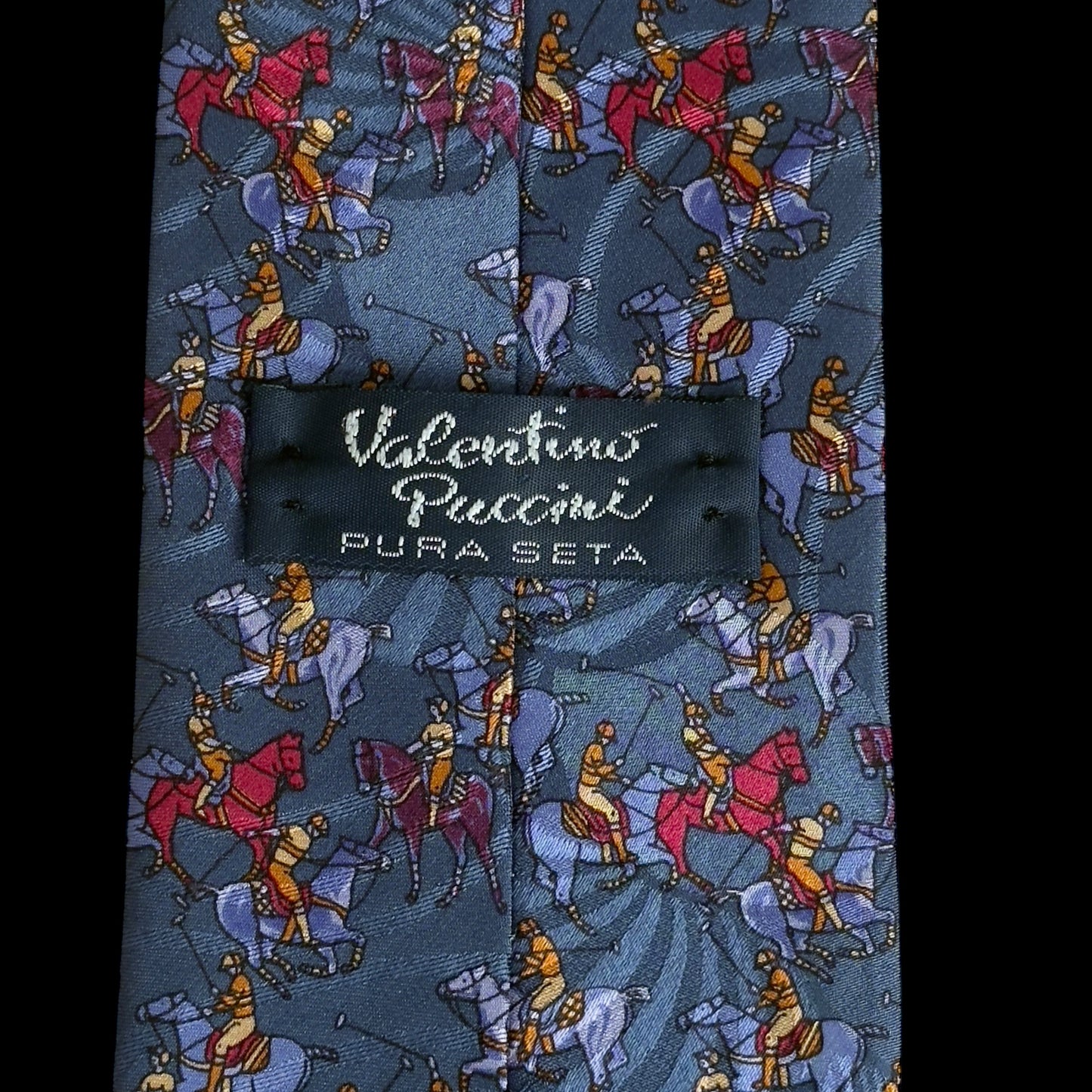 Vintage Dark Grey Polo Playing Crepe Silk Jacquard Tie By VALENTINO PUCCINI (9.3 cm by 142.5 cm)