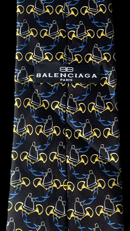 BALENCIAGA vintage black Equestrian silk tie (9.5 cm by 147.5 cm)