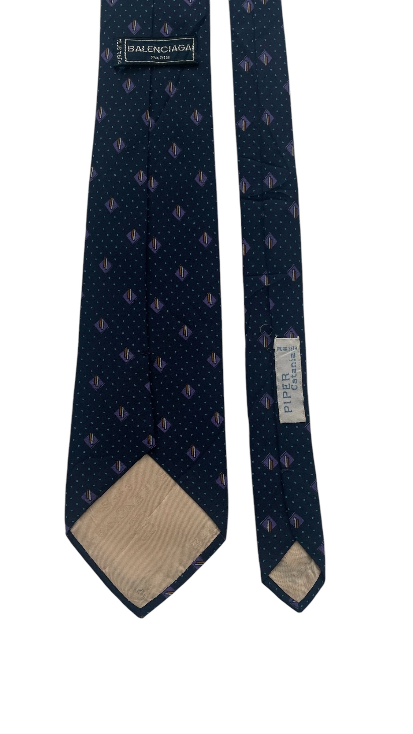 Navy Blue Geometric/Dots Vintage Crepe Silk Tie by BALENCIAGA (7.6 cm by 143 cm) Medium front size.