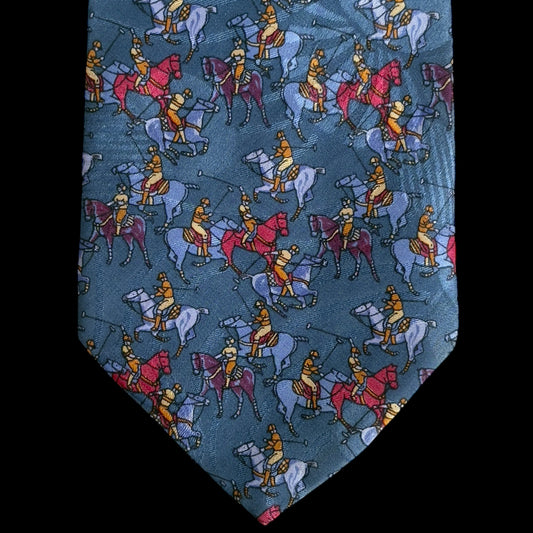 Vintage Dark Grey Polo Playing Crepe Silk Jacquard Tie By VALENTINO PUCCINI (9.3 cm by 142.5 cm)