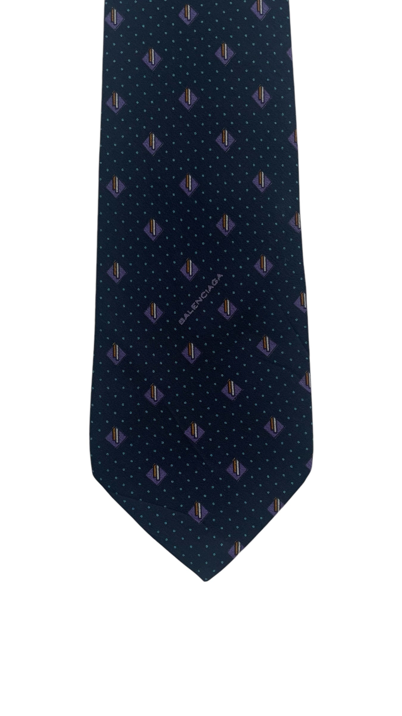 Navy Blue Geometric/Dots Vintage Crepe Silk Tie by BALENCIAGA (7.6 cm by 143 cm) Medium front size.