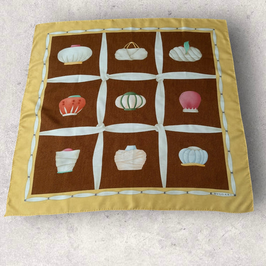 BVLGARI Vintage Brown Novelty Silk Scarf. Hand rolled hem (85 cm by 83 cm) designed by Davide Pizzigoni
