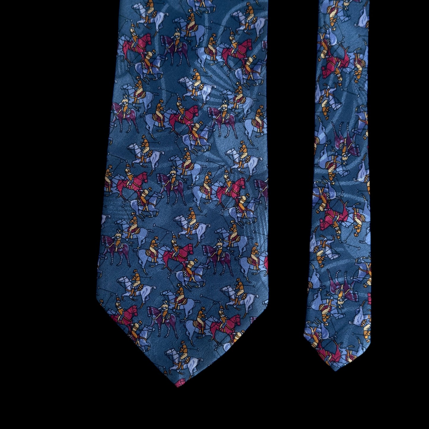 Vintage Dark Grey Polo Playing Crepe Silk Jacquard Tie By VALENTINO PUCCINI (9.3 cm by 142.5 cm)
