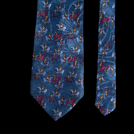 Vintage Dark Grey Polo Playing Crepe Silk Jacquard Tie By VALENTINO PUCCINI (9.3 cm by 142.5 cm)