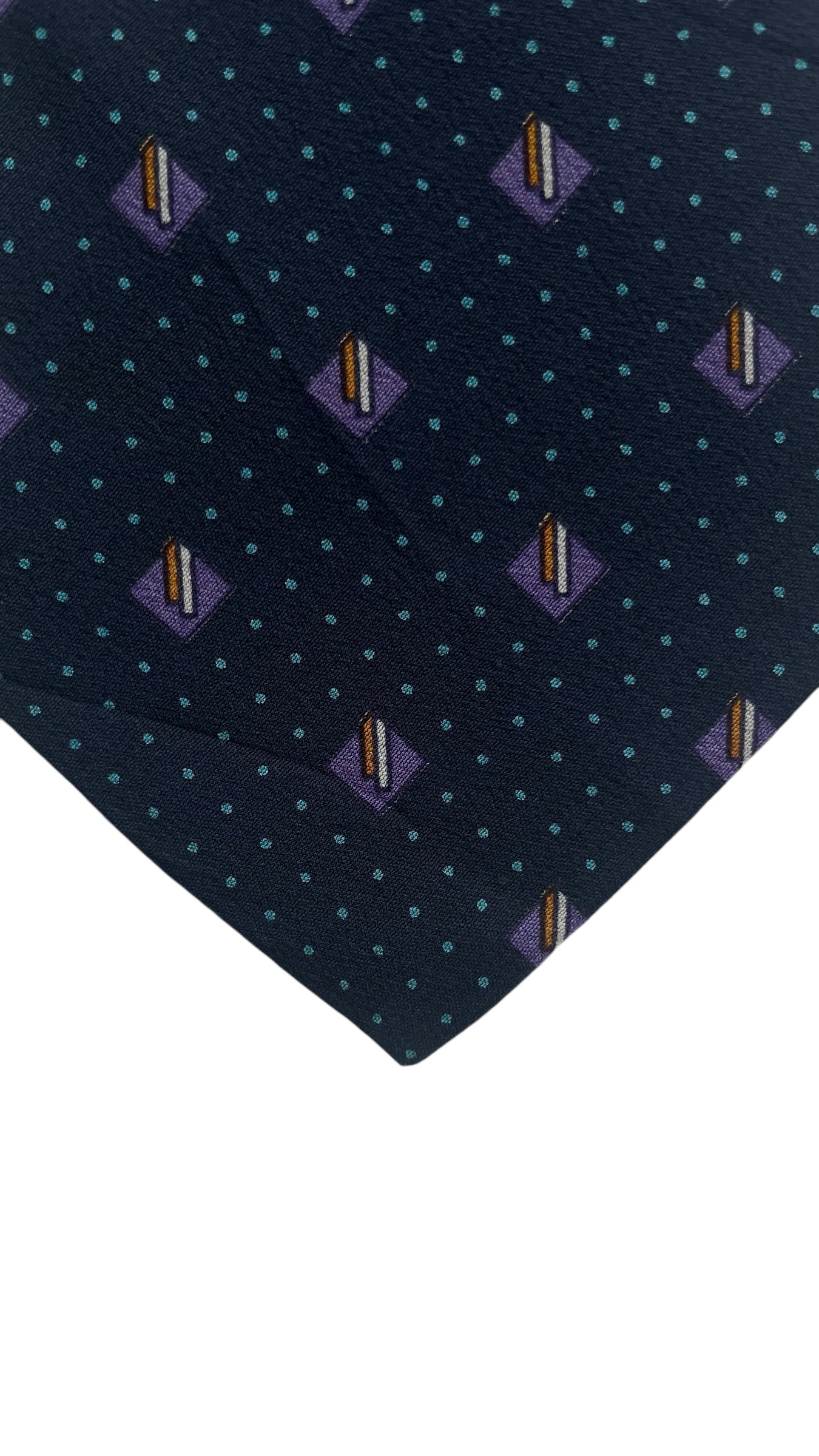 Navy Blue Geometric/Dots Vintage Crepe Silk Tie by BALENCIAGA (7.6 cm by 143 cm) Medium front size.