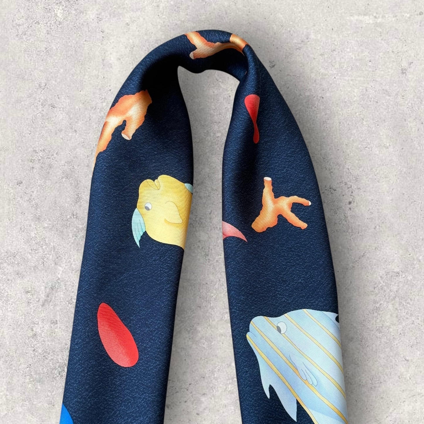 BVLGARI Vintage Navy Blue Fishes Silk Scarf. Hand rolled hem (83 cm by 84 cm) designed by Davide Pizzigoni