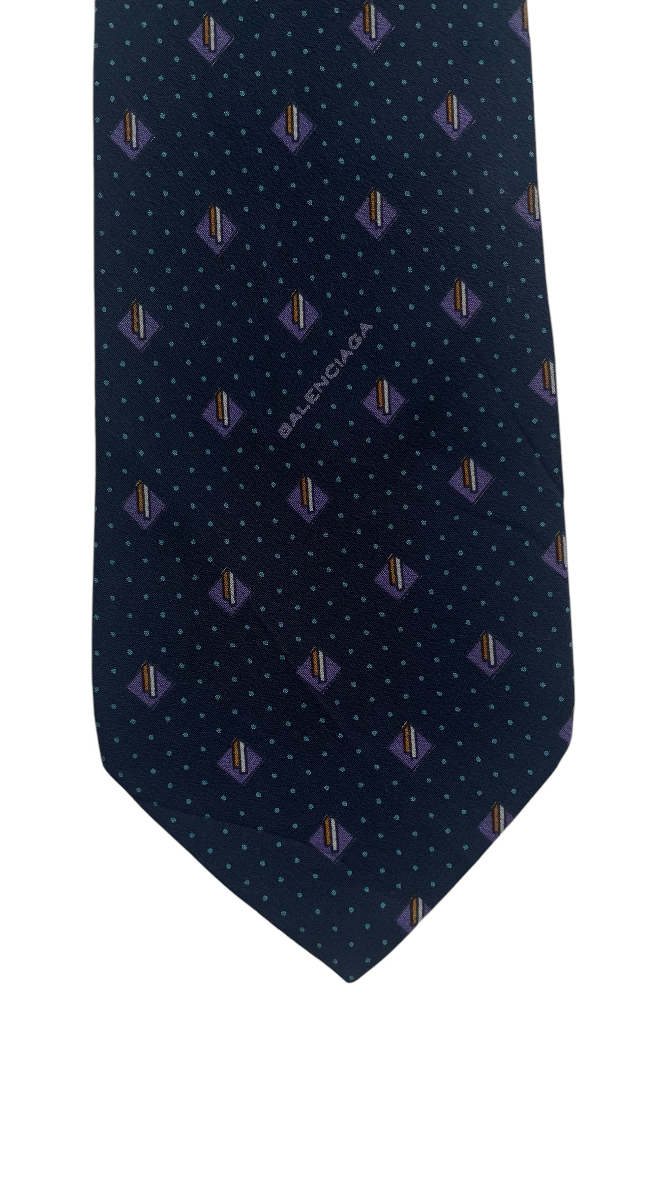 Navy Blue Geometric/Dots Vintage Crepe Silk Tie by BALENCIAGA (7.6 cm by 143 cm) Medium front size.