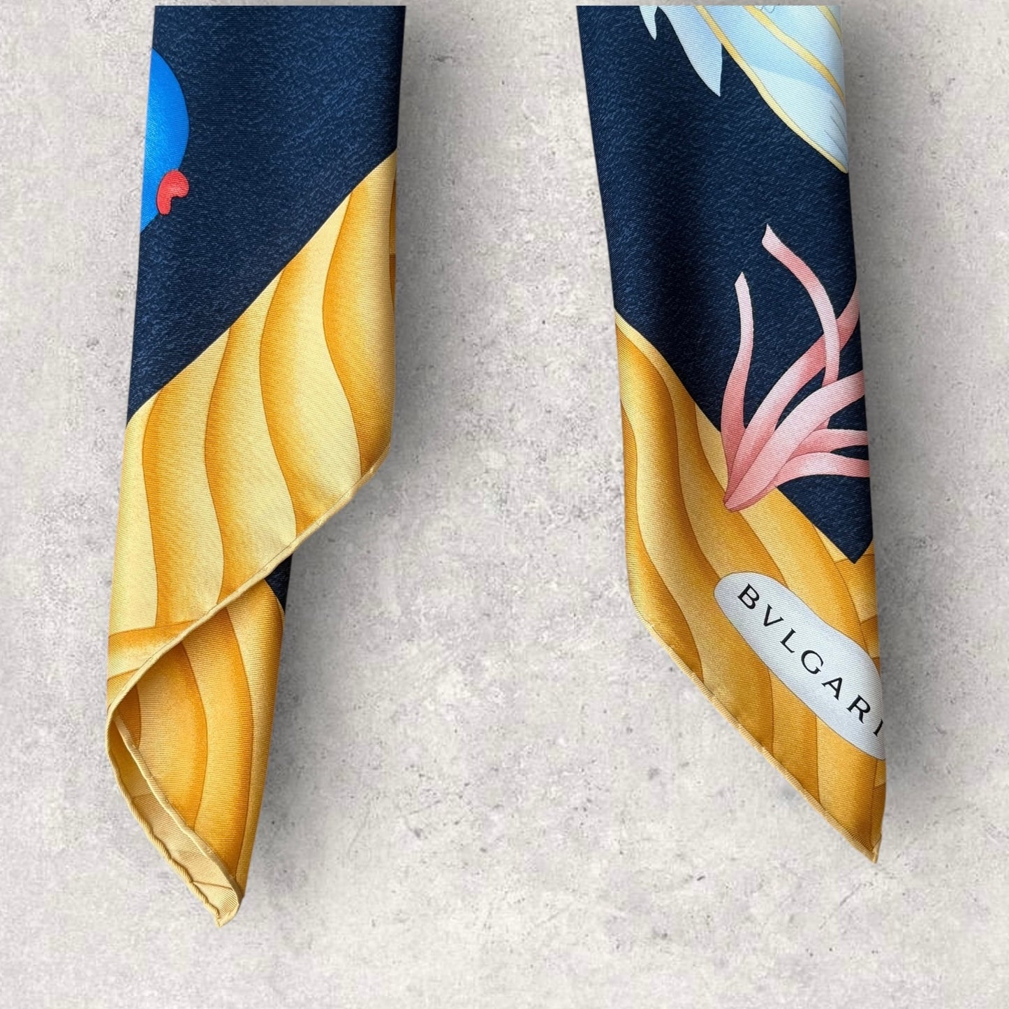 BVLGARI Vintage Navy Blue Fishes Silk Scarf. Hand rolled hem (83 cm by 84 cm) designed by Davide Pizzigoni