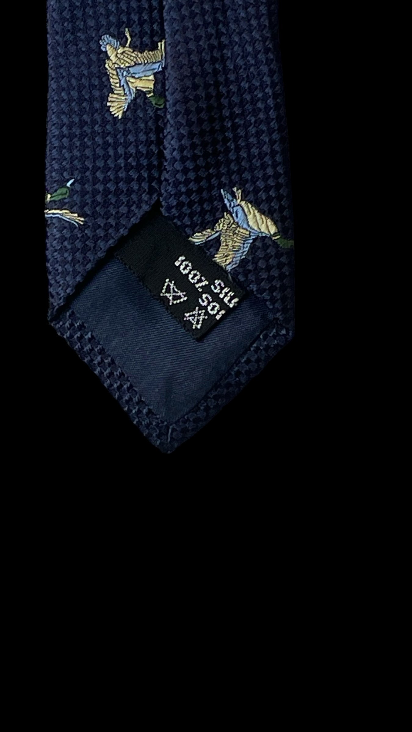 Vintage navy blue birds silk tie by SALVATORE FERRAGAMO (9.5 cm by 147 cm)