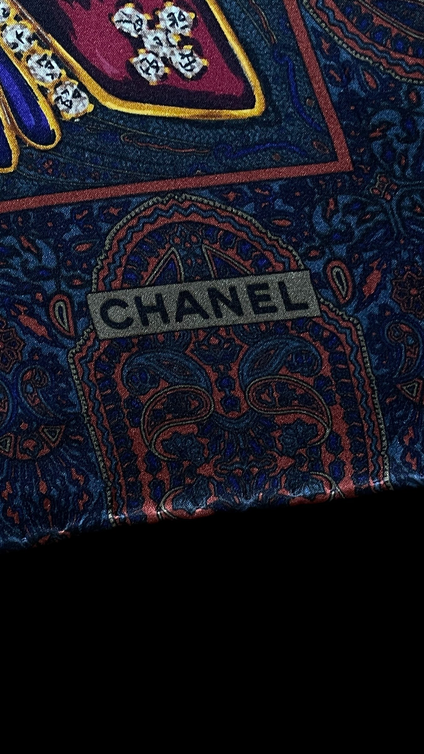 CHANEL Vintage Dark Grey Jewel/Paisley Crepe Silk Scarf (87 cm by 87 cm) Hand rolled Hem.