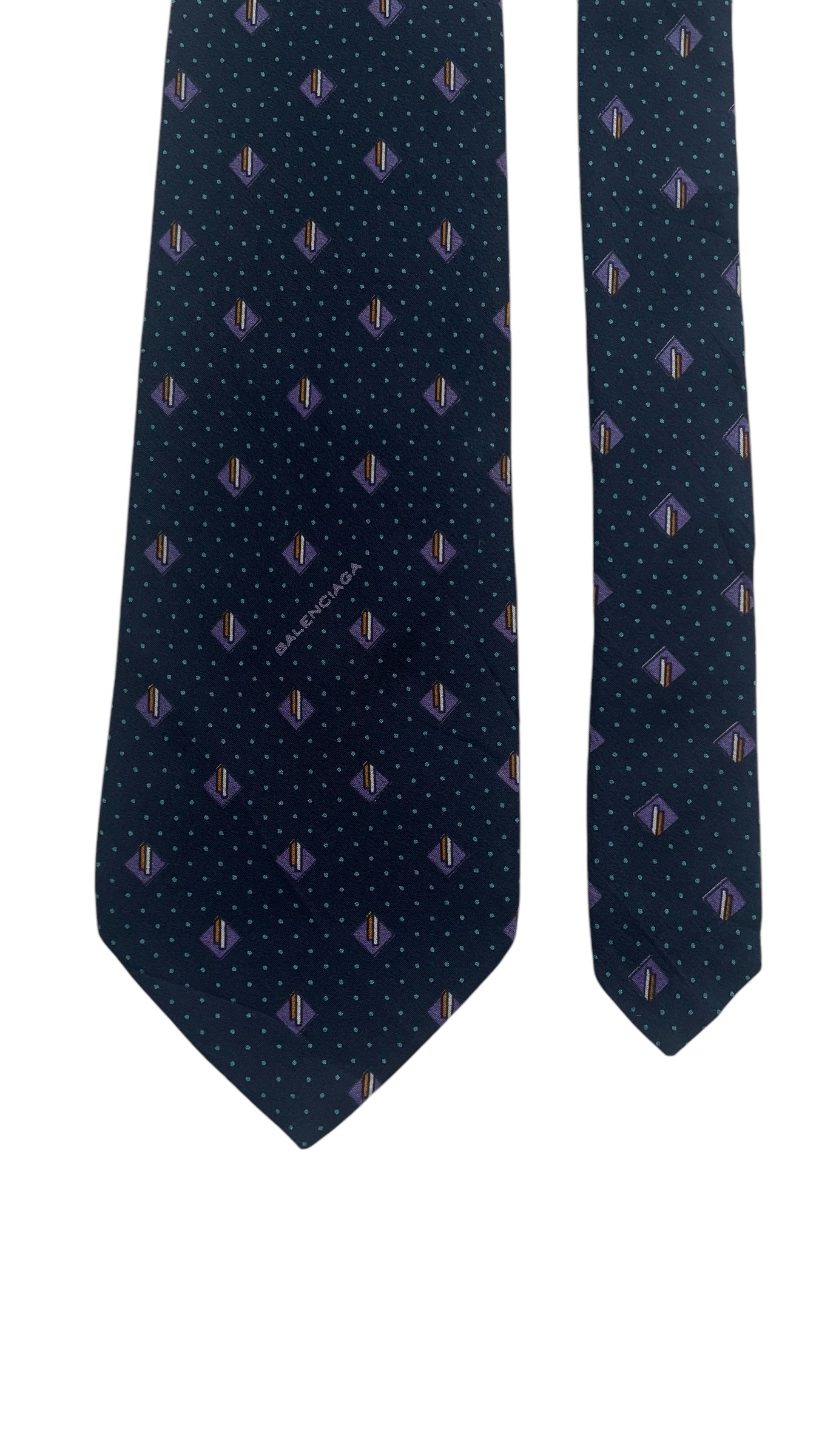 Navy Blue Geometric/Dots Vintage Crepe Silk Tie by BALENCIAGA (7.6 cm by 143 cm) Medium front size.