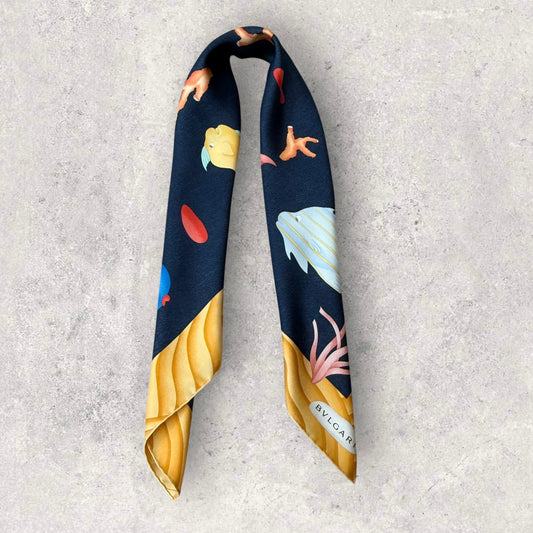 BVLGARI Vintage Navy Blue Fishes Silk Scarf. Hand rolled hem (83 cm by 84 cm) designed by Davide Pizzigoni
