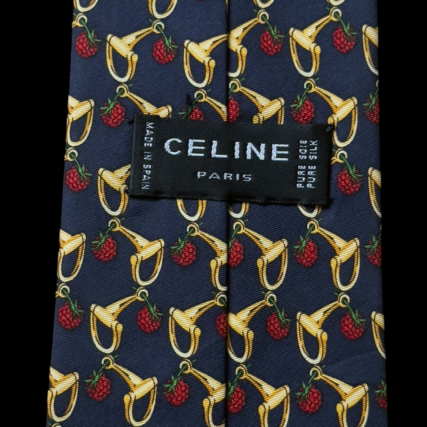 CELINE Vintage Navy Blue Equestrian Fruits Silk Tie (9 cm by 149 cm) Normal Front Width.