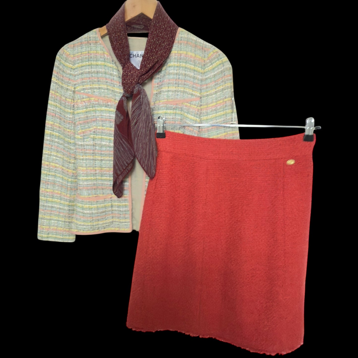 CHANEL Vintage Burgundy Equestrian/Floral Crepe Silk Scarf (84 cm by 85.5 cm)
