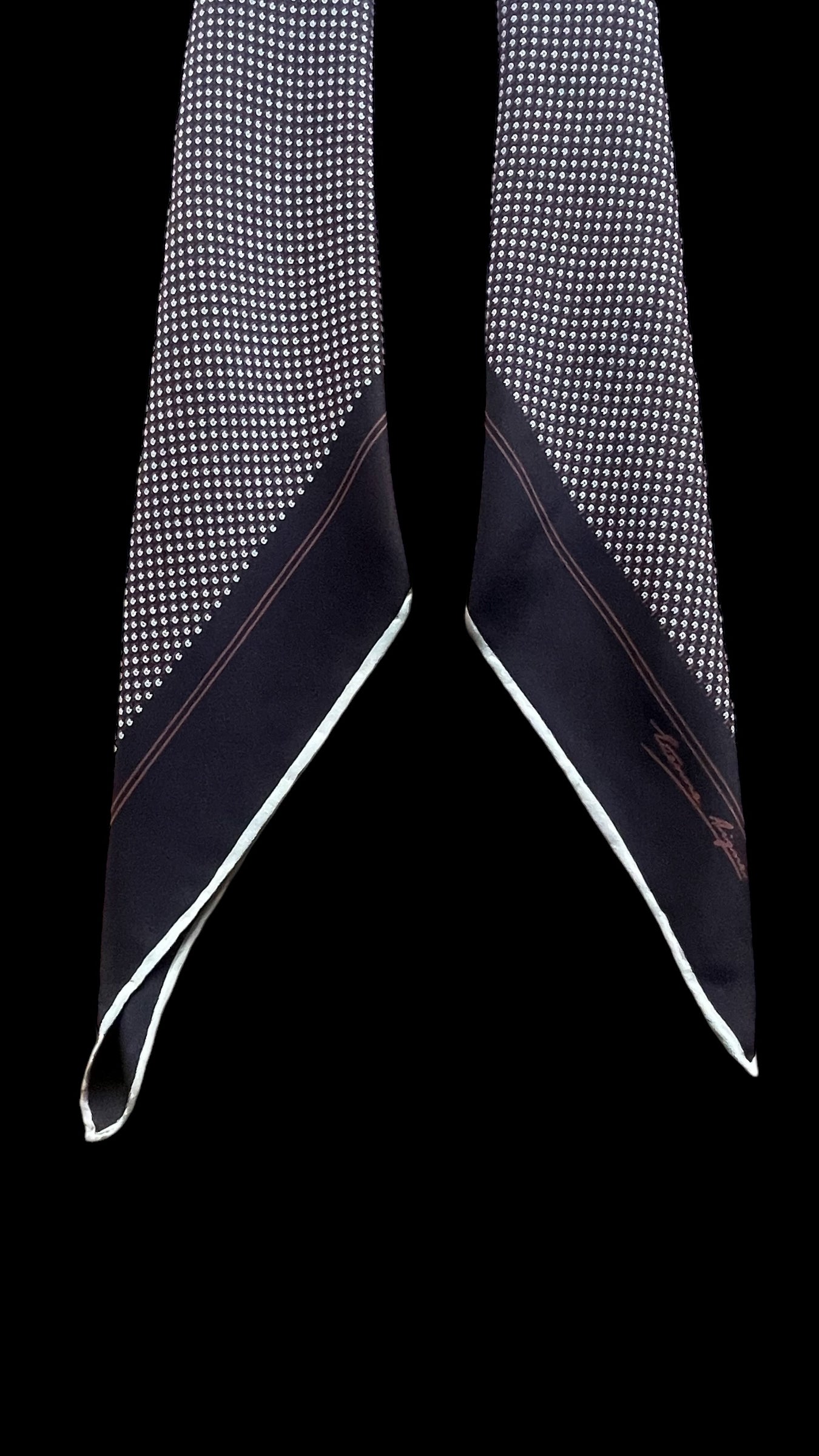 Vintage Dark Brown Geometric/Logos Crepe Silk Scarf by ETIENNE AIGNER (85 cm by 86 cm) Hand rolled edges.