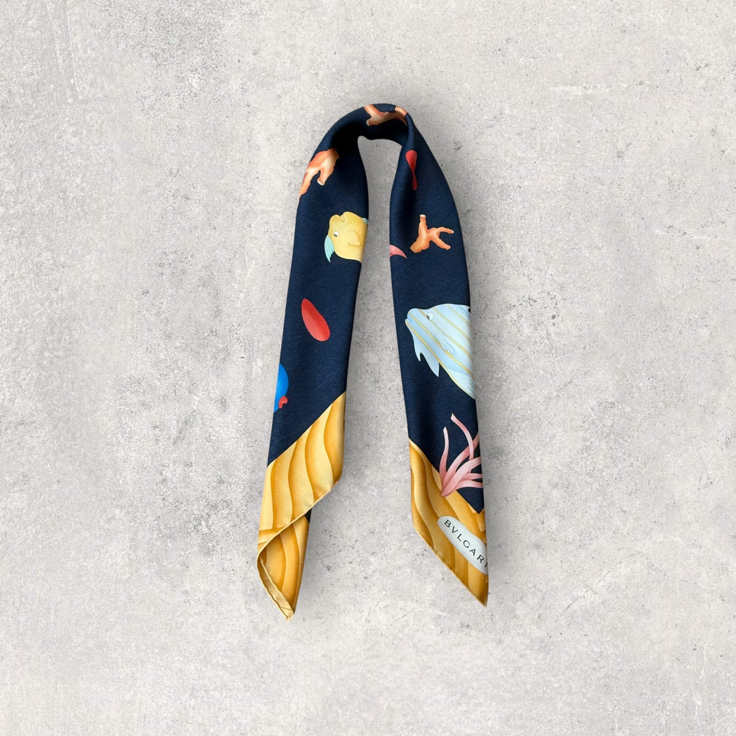 BVLGARI Vintage Navy Blue Fishes Silk Scarf. Hand rolled hem (83 cm by 84 cm) designed by Davide Pizzigoni