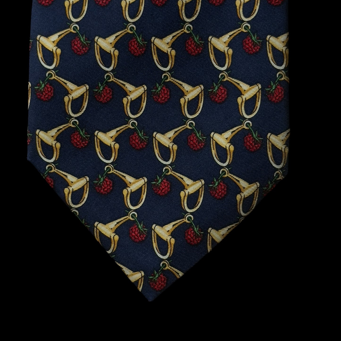 CELINE Vintage Navy Blue Equestrian Fruits Silk Tie (9 cm by 149 cm) Normal Front Width.